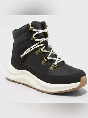 Target Black Lace-Up Platform Hiking Boot with White Laces and Tan Outsole